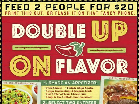 Chili's 2 for 20 - Join My Chili's Rewards®. Get FREE Chips & Salsa or a Non-Alcoholic Beverage by visiting participating Chili’s at least once every 45 days. Plus rewards for free menu items and more by signing up for My Chili’s Rewards®. Your Favorite Chili's. First …